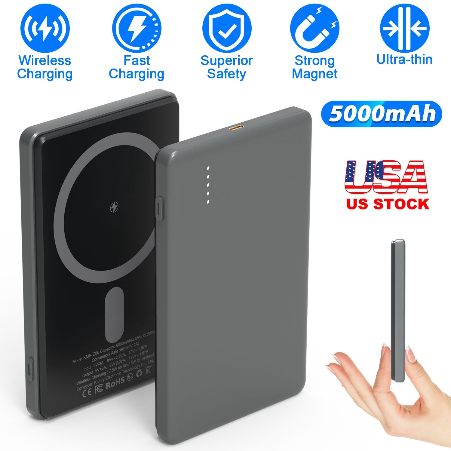 2 In 1 5000mAh 8MM Slim MagSafe Wireless Power Bank PD20W Magnetic